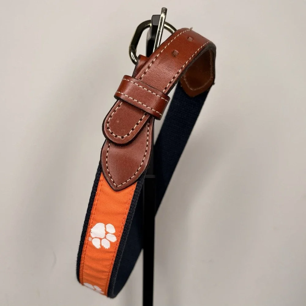 CLEMSON TIGERS Canvas Leather Belt Orange Solid Brass Buckle Boys Size 22‎ L 30